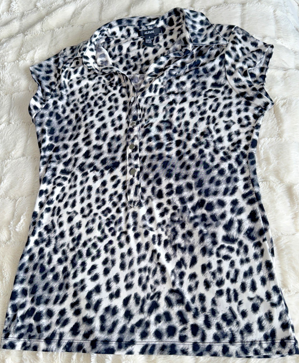 Alfani Leopard Print Stretch V-Neck Cap Sleeve Blouse Size Small - Animal Print